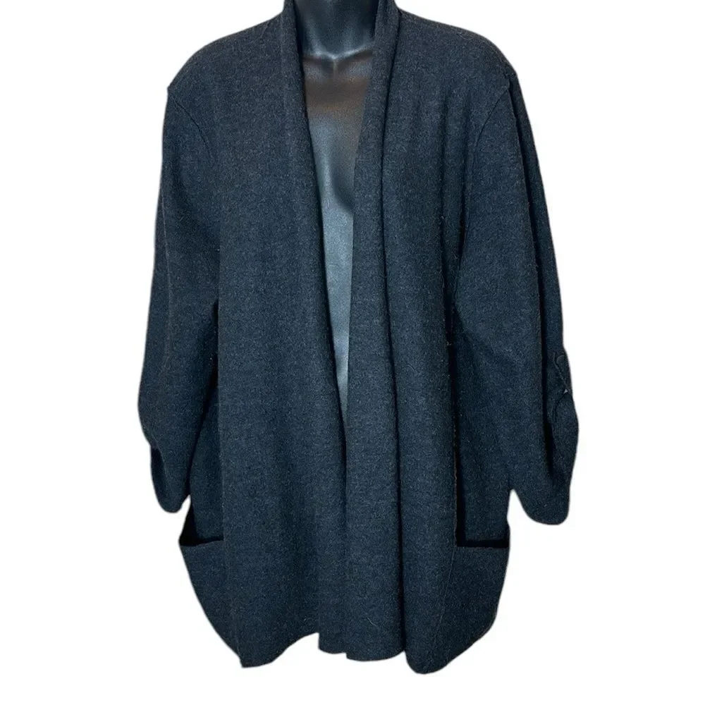Eileen fisher 100% merino wool open front cardigan roll tab sleeve PL capsule